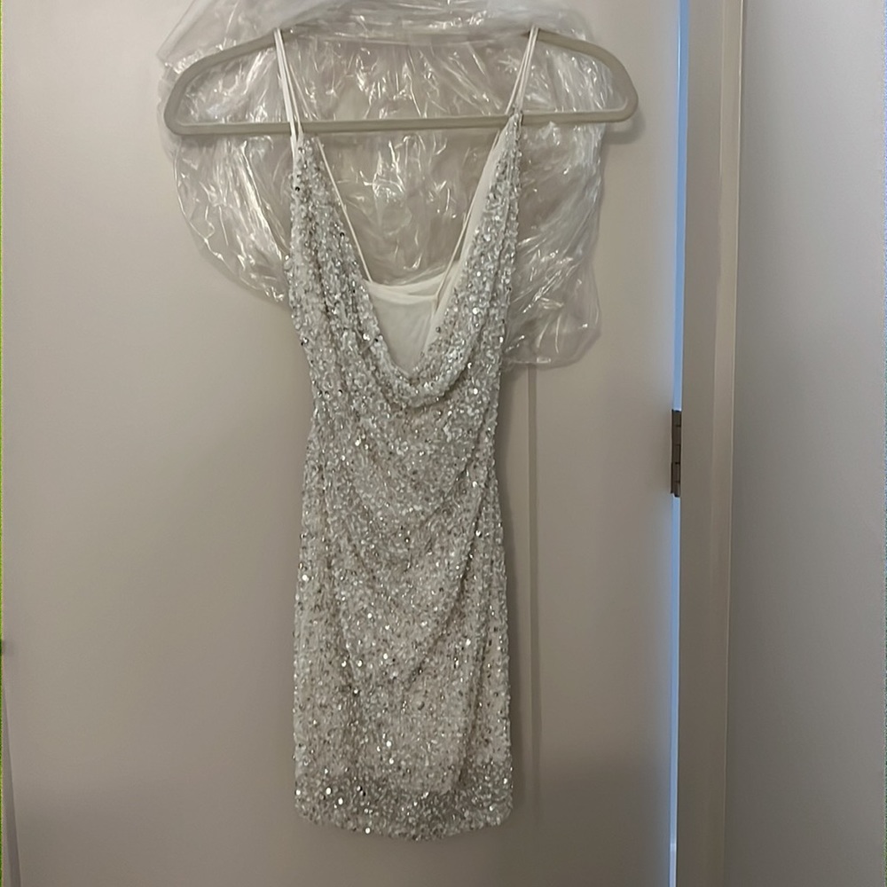 Retrofete Micah silver sequin mini. Fully lined, open back, spaghetti strap